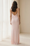 Light Pink Sheath Cowl Neck Long Bridesmaid Dress with Slit