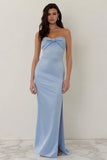Sky Blue Strapless Sheath Long Bridesmaid Dress with Bow