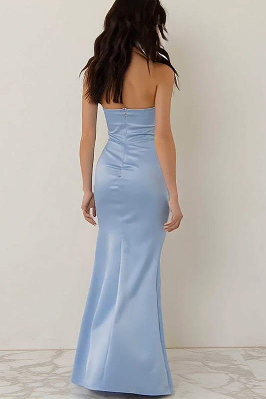 Sky Blue Strapless Sheath Long Bridesmaid Dress with Bow