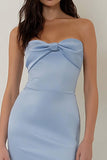 Sky Blue Strapless Sheath Long Bridesmaid Dress with Bow