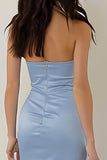 Sky Blue Strapless Sheath Long Bridesmaid Dress with Bow