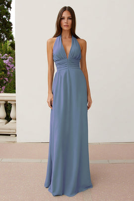 Dusty Blue Sheath Halter Neck Backless Long Bridesmaid Dress