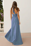 Dusty Blue Sheath Halter Neck Backless Long Bridesmaid Dress