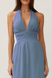 Dusty Blue Sheath Halter Neck Backless Long Bridesmaid Dress