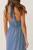 Dusty Blue Sheath Halter Neck Backless Long Bridesmaid Dress