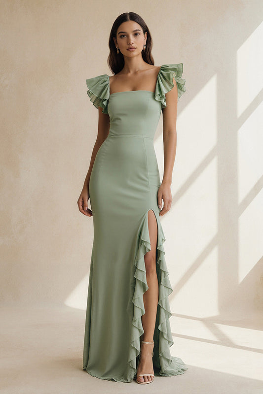 Dusty Sage Square Neck Ruffled Sheath Long Bridesmaid Dress with Slit