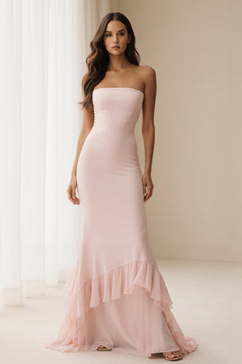 Light Pink Sheath Strapless Long Bridesmaid Dress with Ruffles