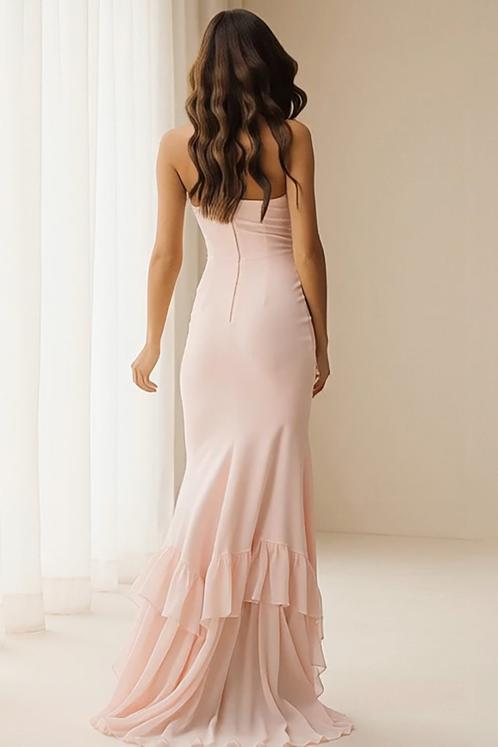 Light Pink Sheath Strapless Long Bridesmaid Dress with Ruffles