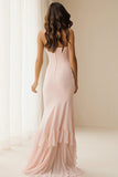 Light Pink Sheath Strapless Long Bridesmaid Dress with Ruffles
