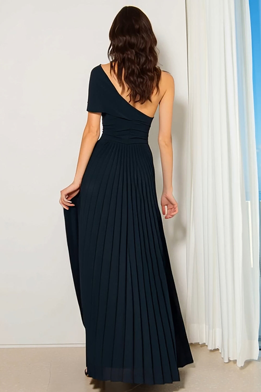 Navy One Shoulder Pleated A Line Long Bridesmaid Dress