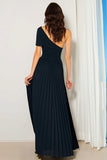 Navy One Shoulder Pleated A Line Long Bridesmaid Dress