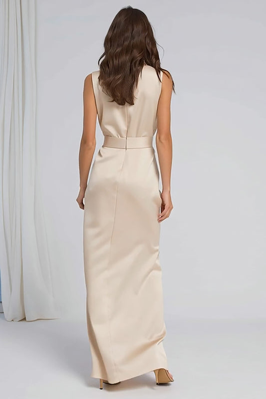 Champagne Sheath Bateau Neck Long Bridesmaid Dress with Slit