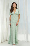 Floral Dusty Sage V-Neck Sheath Long Bridesmaid Dress with Sleeves