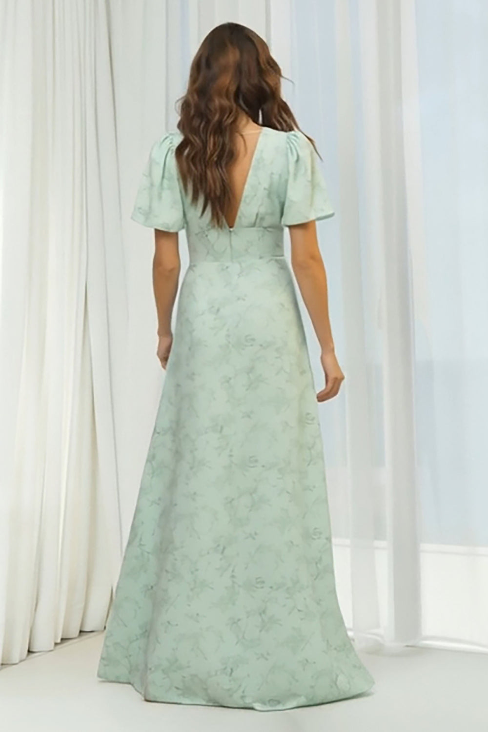 Floral Dusty Sage V-Neck Sheath Long Bridesmaid Dress with Sleeves