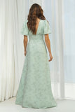 Floral Dusty Sage V-Neck Sheath Long Bridesmaid Dress with Sleeves