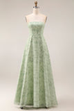 Floral Dusty Sage Strapless Sheath Long Bridesmaid Dress