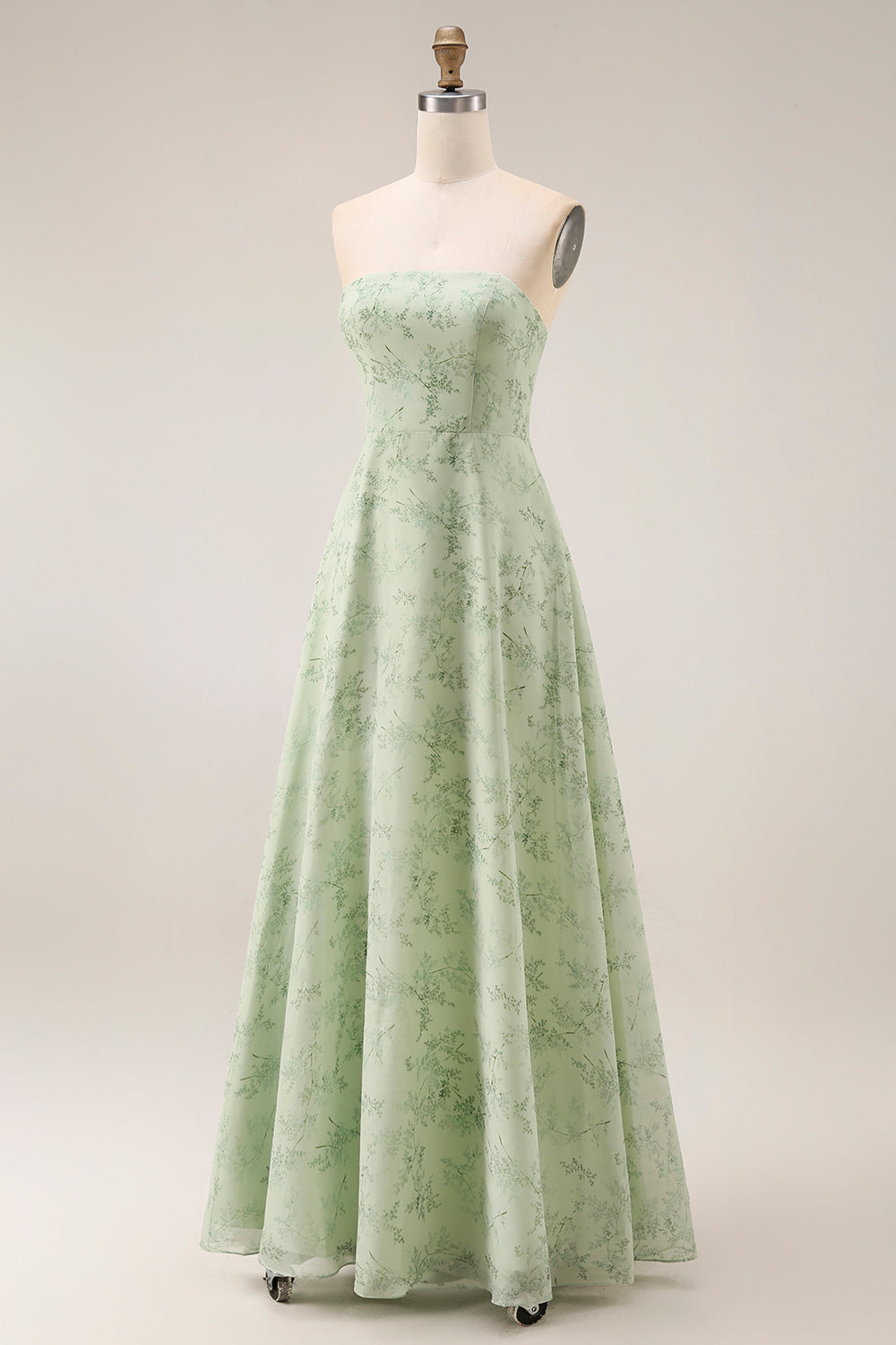 Floral Dusty Sage Strapless Sheath Long Bridesmaid Dress