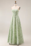 Floral Dusty Sage Strapless Sheath Long Bridesmaid Dress