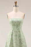 Floral Dusty Sage Strapless Sheath Long Bridesmaid Dress