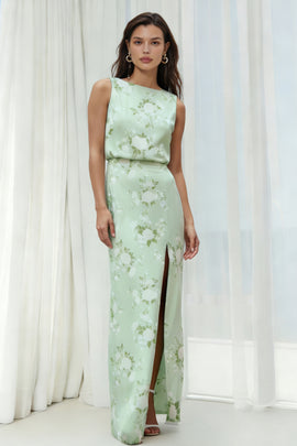 Floral Sage Sheath Long Bridesmaid Dress with Slit