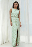 Floral Sage Sheath Long Bridesmaid Dress with Slit