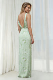 Floral Sage Sheath Long Bridesmaid Dress with Slit
