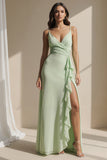 Light Green Spaghetti Straps Ruffled Long Bridesmaid Dress with Slit