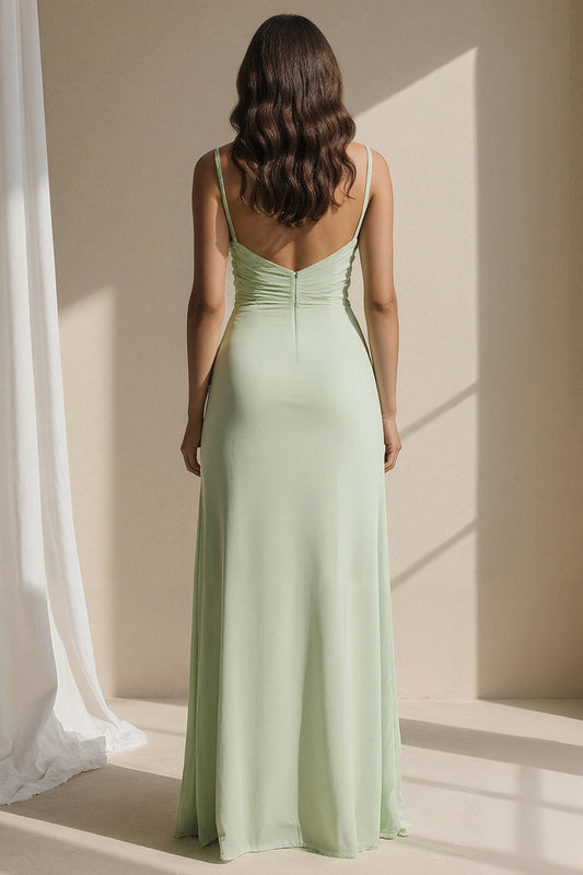 Light Green Spaghetti Straps Ruffled Long Bridesmaid Dress with Slit