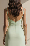 Light Green Spaghetti Straps Ruffled Long Bridesmaid Dress with Slit