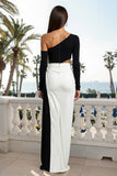 Black and White One Shoulder Cut Out Long Formal Dress with Slit