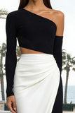Black and White One Shoulder Cut Out Long Formal Dress with Slit