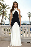 Black and White Sheath Criss Cross Neck Long Formal Dress