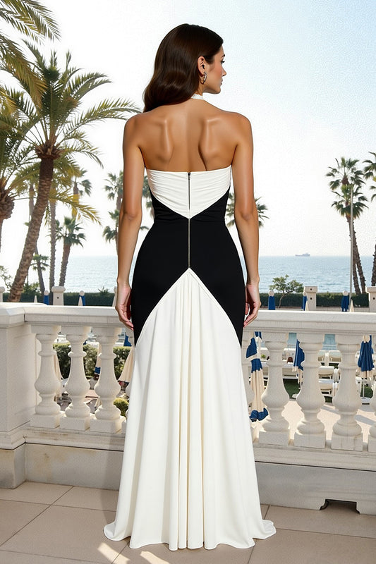 Black and White Sheath Criss Cross Neck Long Formal Dress