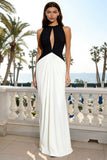 Black and White Sheath Crew Neck Long Formal Dress with Keyhole