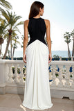 Black and White Sheath Crew Neck Long Formal Dress with Keyhole