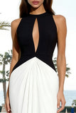 Black and White Sheath Crew Neck Long Formal Dress with Keyhole
