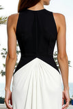 Black and White Sheath Crew Neck Long Formal Dress with Keyhole
