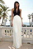 Black and White Sheath Halter Neck Pleated Long Formal Dress