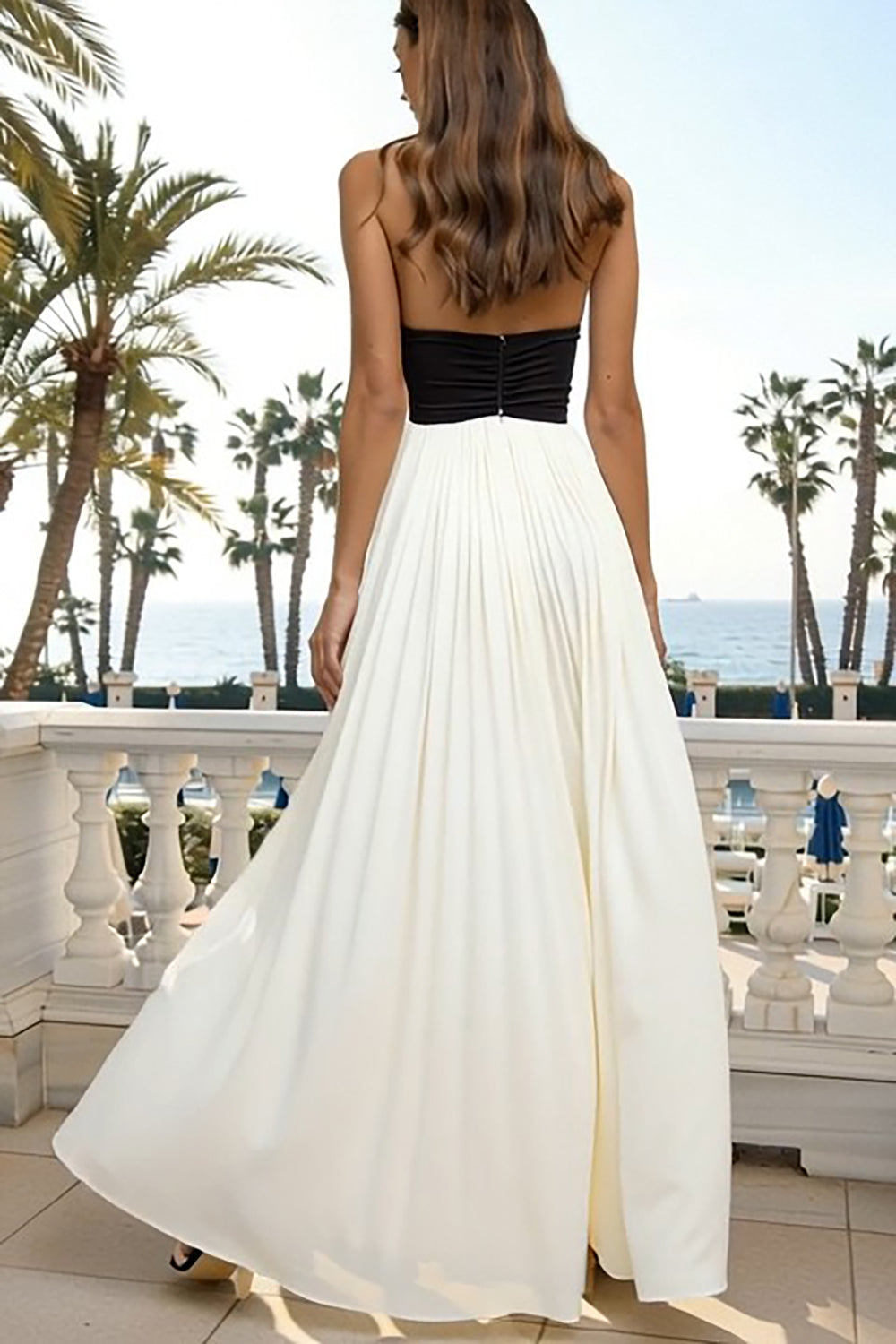 Black and White Sheath Halter Neck Pleated Long Formal Dress