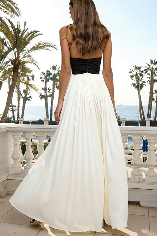 Black and White Sheath Halter Neck Pleated Long Formal Dress