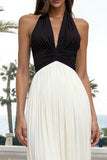 Black and White Sheath Halter Neck Pleated Long Formal Dress