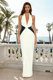 Black and White Halter Neck Sheath Ruched Long Formal Dress