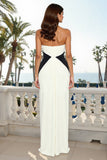 Black and White Halter Neck Sheath Ruched Long Formal Dress
