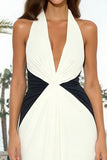 Black and White Halter Neck Sheath Ruched Long Formal Dress
