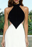 Black and White High Neck Cut Out Backless Long Formal Dress