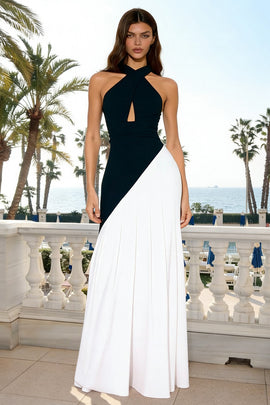 Black and White Sheath Long Formal Dress with Keyhole