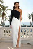 Black and White Ruched One Shoulder Long Formal Dress with Slit