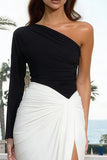 Black and White Ruched One Shoulder Long Formal Dress with Slit