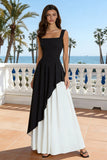 Black and White Thick Straps Backless Long Formal Dress