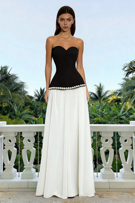 Sparkly Black and White Sweetheart Sheath Long Formal Dress with Pearls